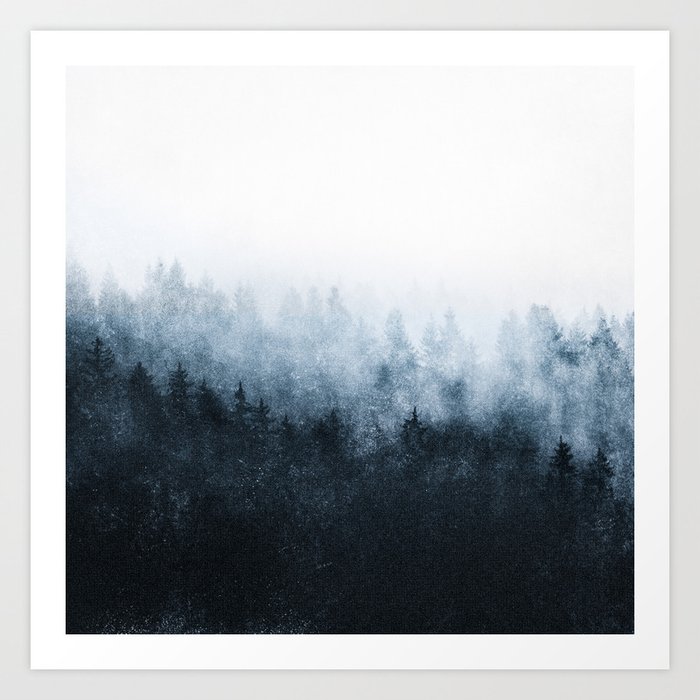 Again And Again // New Beginnings In Wild Ambience Of A Misty Forest With Trees Covered In Blue Fog Art Print