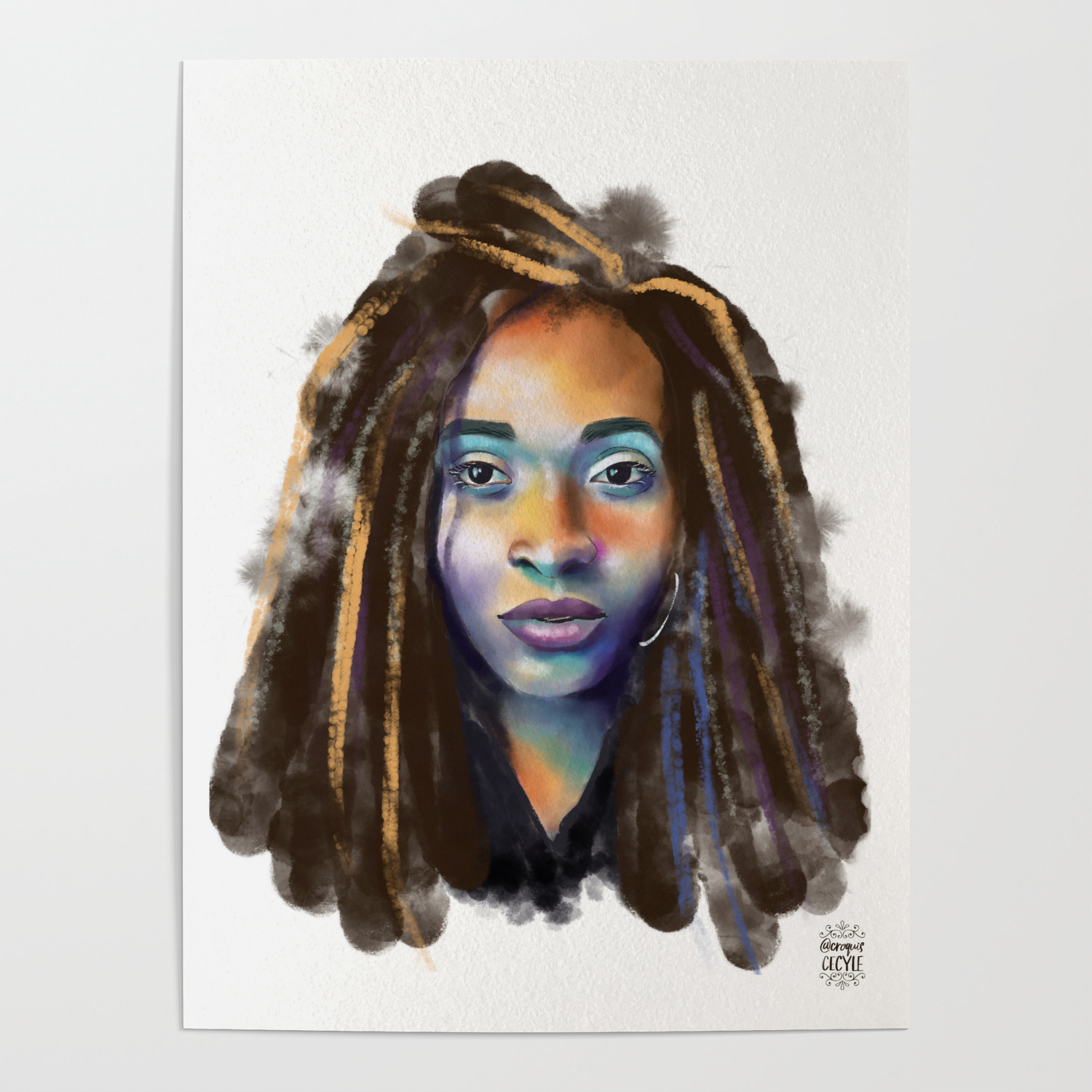 Colorful Watercolor Portrait Of A Black Woman With Dreadlocks Poster By Croquiscecyle Society6