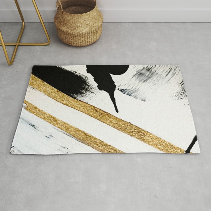 Armor [8]: a minimal abstract piece in black white and gold by Alyssa Hamilton Art Rug