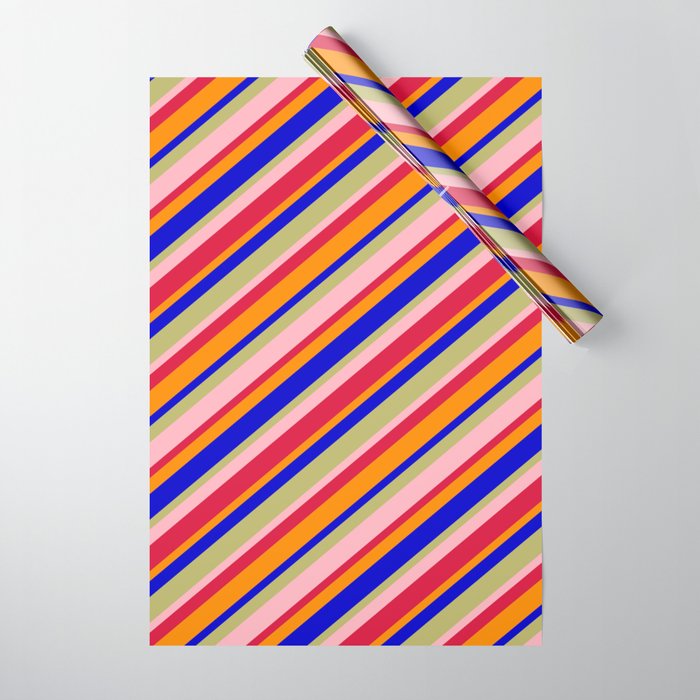 Blue, Dark Khaki, Light Pink, Crimson & Dark Orange Colored Striped Pattern Wrapping Paper
