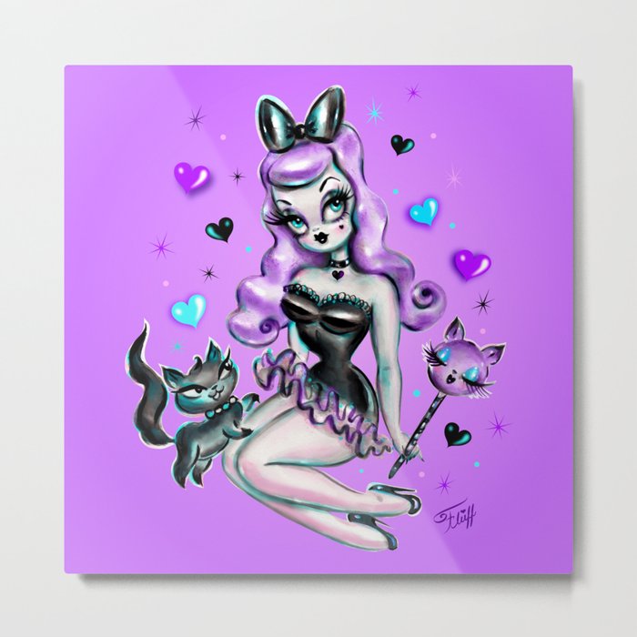 Purple Goth Candy Pinup with Kitten Metal Print