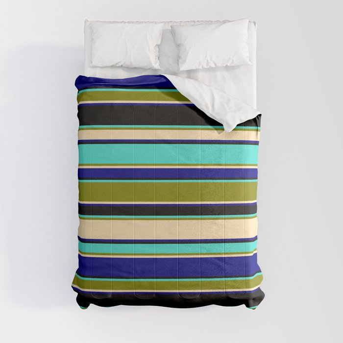 Turquoise, Green, Beige, Blue & Black Colored Striped/Lined Pattern Comforter