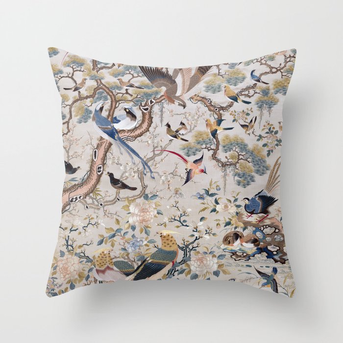 Antique Embroidery French Bird Chinoiserie Garden  Throw Pillow