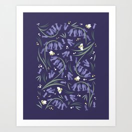 Bluebells and bumblebees - Violet Art Print