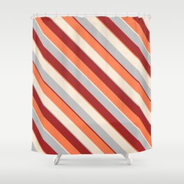 [ Thumbnail: Coral, Beige, Grey, and Brown Colored Stripes/Lines Pattern Shower Curtain ]