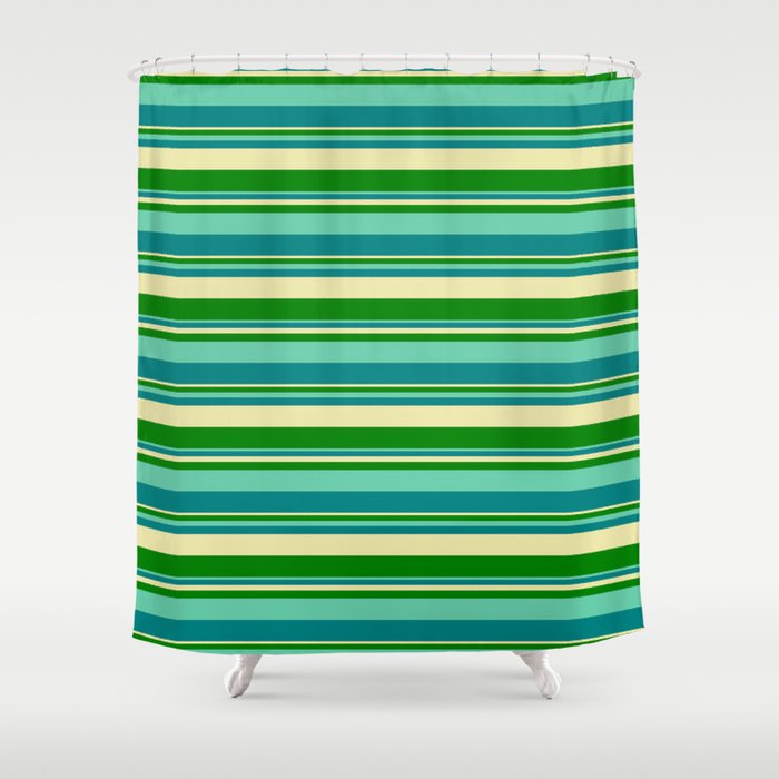 Aquamarine, Teal, Pale Goldenrod, and Green Colored Striped Pattern Shower Curtain