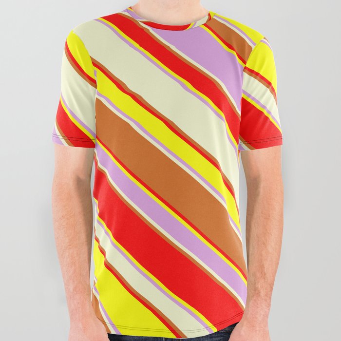 Eyecatching Red, Yellow, Plum, Light Yellow & Chocolate Colored Stripes Pattern All Over Graphic Tee
