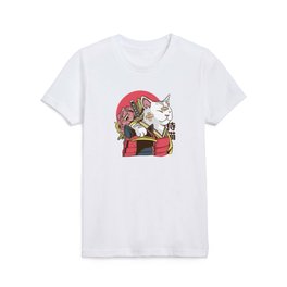 Funny anime Samurai Cat with armor and bruises Kids T Shirt