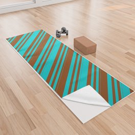 [ Thumbnail: Dark Turquoise & Brown Colored Lines/Stripes Pattern Yoga Towel ]