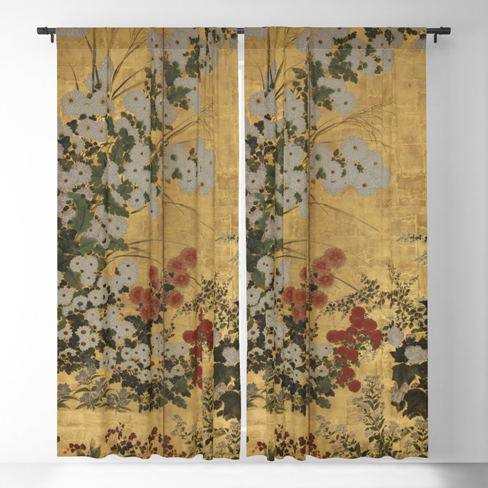 Red White Chrysanthemums Vintage Floral Japanese Gold Leaf Screen Blackout Curtain