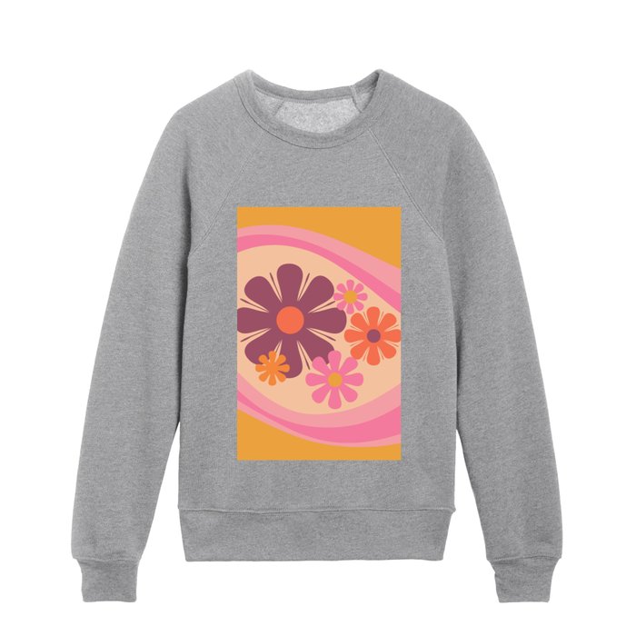 Floral Daydream Retro Flower Pattern Pink Orange Yellow Cream Kids Crewneck