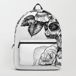 Black and White skull with roses pen drawing Backpack