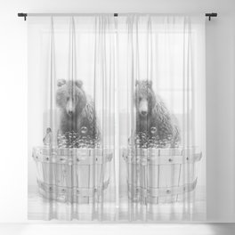 Bear in Wooden Bathtub, Bear and Duckling, Black and White, Bathtub Animal Art Print By Synplus Sheer Curtain
