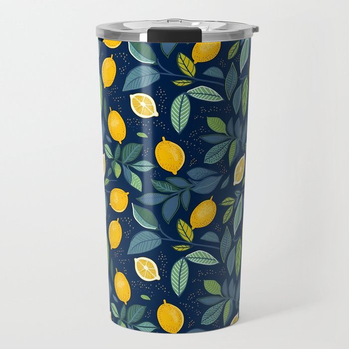 Lemons and Leaves on Navy Background Travel Mug