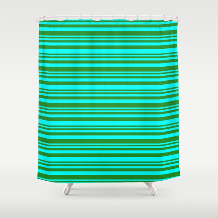 Forest Green & Cyan Colored Striped Pattern Shower Curtain
