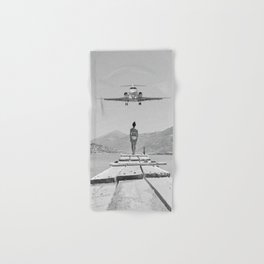 Steady As She Goes; aircraft coming in for an island landing black and white photography- photographs Hand & Bath Towel