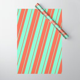 [ Thumbnail: Aquamarine and Red Colored Lined Pattern Wrapping Paper ]