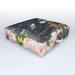Pink Tulips Near Brown Wooden Bench Under Blue Sky During Daytime Outdoor Floor Cushion