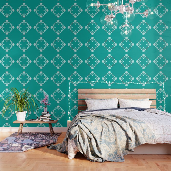 Teal White Fancy Flourish Wallpaper