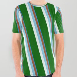 [ Thumbnail: Eyecatching Blue, Sienna, Sky Blue, Mint Cream & Dark Green Colored Stripes/Lines Pattern All Over Graphic Tee ]
