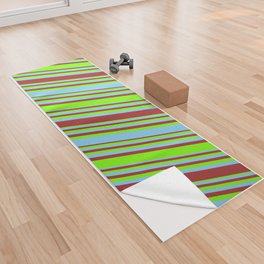 [ Thumbnail: Light Sky Blue, Brown, and Green Colored Striped/Lined Pattern Yoga Towel ]