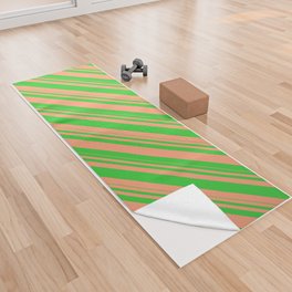 [ Thumbnail: Lime Green & Light Salmon Colored Striped/Lined Pattern Yoga Towel ]