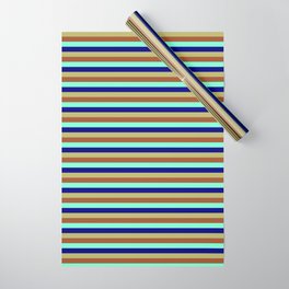 [ Thumbnail: Sienna, Aquamarine, Blue & Dark Khaki Colored Pattern of Stripes Wrapping Paper ]
