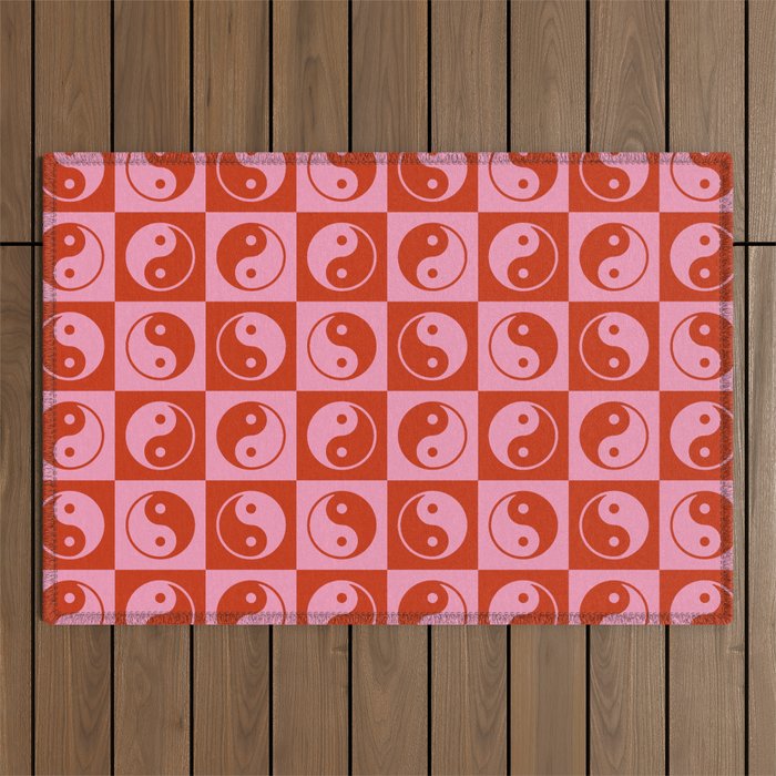 Checkered Yin Yang Pattern \\ PINK & RED Outdoor Rug
