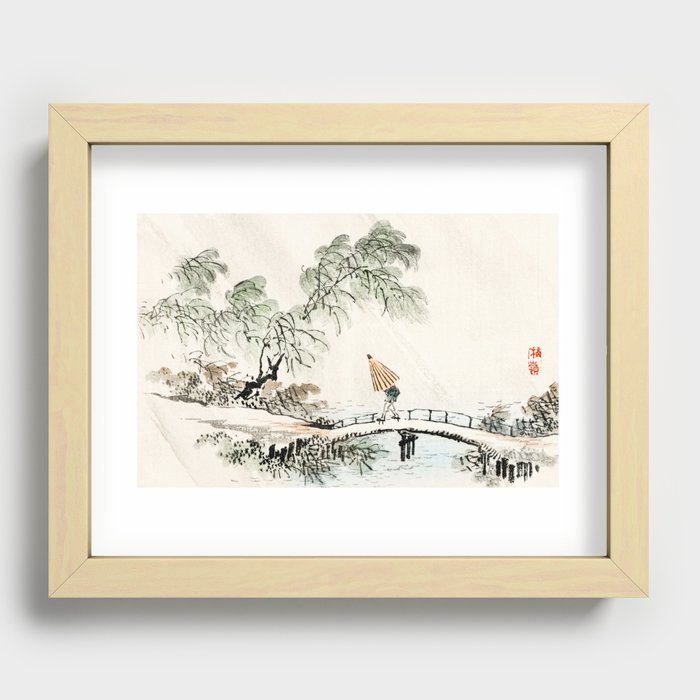 Man Walking Over Bridge In Park - Vintage Japanese Illustration Recessed Framed Print