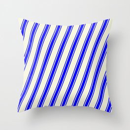 [ Thumbnail: Beige and Blue Colored Lined/Striped Pattern Throw Pillow ]