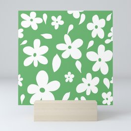 Minimalistic Cute White Flowers - Green Mini Art Print
