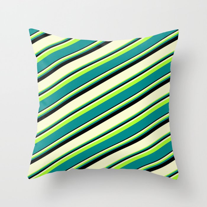 Light Green, Dark Cyan, Black & Light Yellow Colored Striped/Lined Pattern Throw Pillow