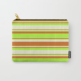 [ Thumbnail: Beige, Chocolate & Light Green Colored Lined/Striped Pattern Carry-All Pouch ]