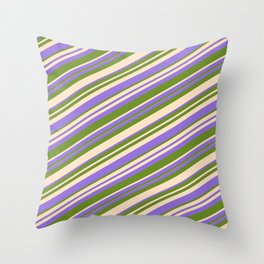 [ Thumbnail: Purple, Green, and Bisque Colored Lined Pattern Throw Pillow ]