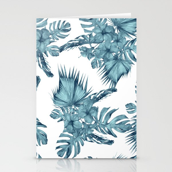 Tropical Palm Leaves Hibiscus Flowers Blue Stationery Cards