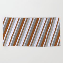 [ Thumbnail: Brown, Dark Gray, Lavender & Grey Colored Stripes Pattern Beach Towel ]