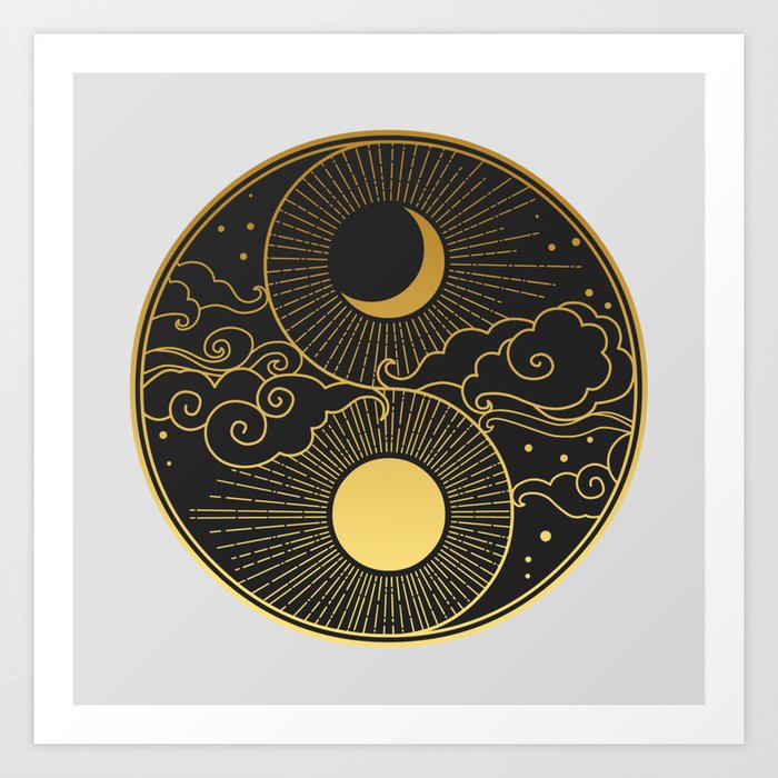 Sun, Moon, clouds, stars. Yin Yang Art Print