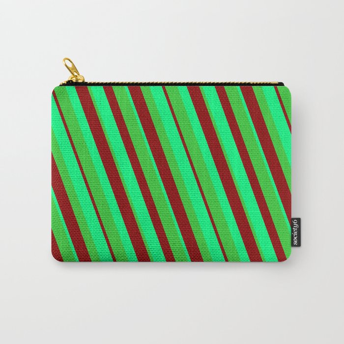 Green, Lime Green & Dark Red Colored Stripes/Lines Pattern Carry-All Pouch