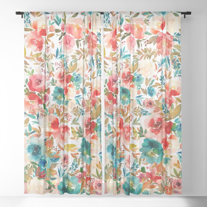 Red Turquoise Teal Floral Watercolor Sheer Curtain
