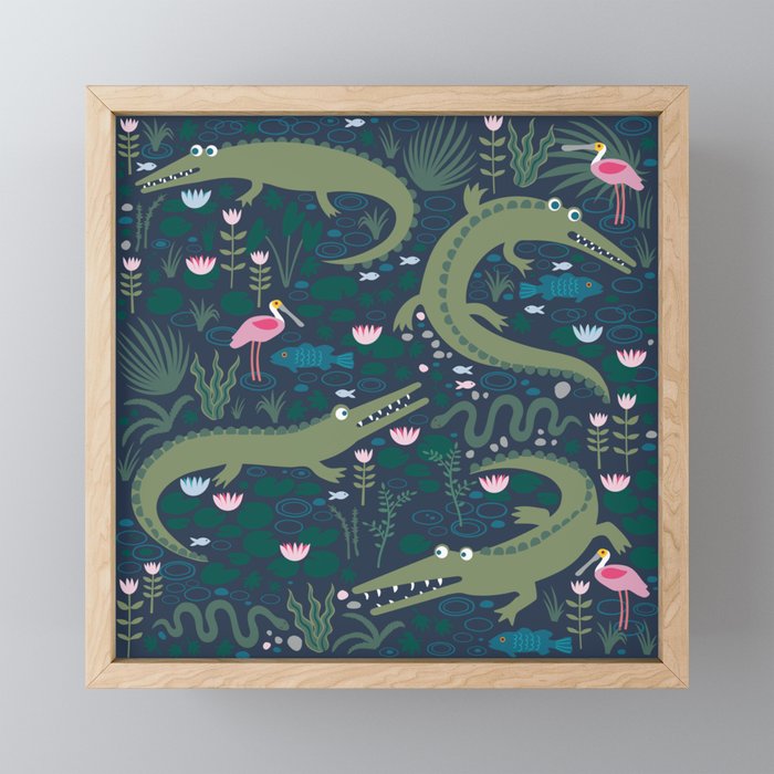 American Alligators and Roseate Spoonbills - Comeback Species by Cecca Designs Framed Mini Art Print