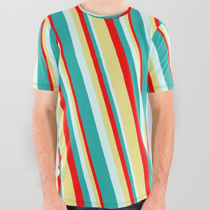 Red, Tan, Light Cyan, and Light Sea Green Colored Lined/Striped Pattern All Over Graphic Tee