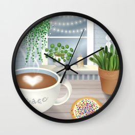 Peace, Love and Coffee Wall Clock | Latte, Digital, Drawing, Plant, Window, Stringlights, Coffee, Succulent, Candle, Cappuccino 