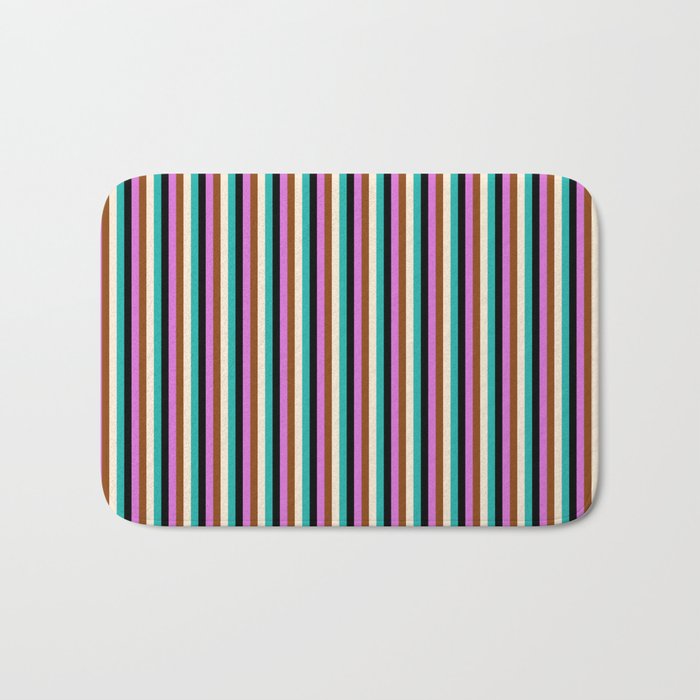 Vibrant Black, Light Sea Green, Beige, Brown, and Orchid Colored Lined/Striped Pattern Bath Mat