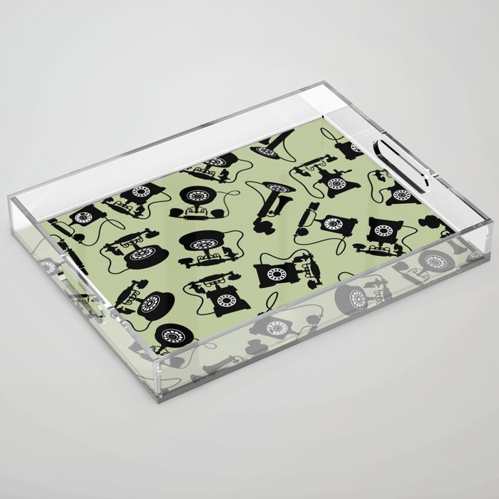 Black Vintage Rotary Dial Telephone Pattern on Sage Green Acrylic Tray