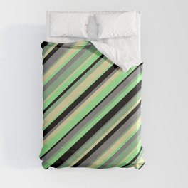 [ Thumbnail: Eye-catching Dark Sea Green, Pale Goldenrod, Green, Black, and Gray Colored Stripes Pattern Duvet Cover ]