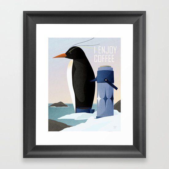 Penguin Enjoys Coffee Framed Art Print