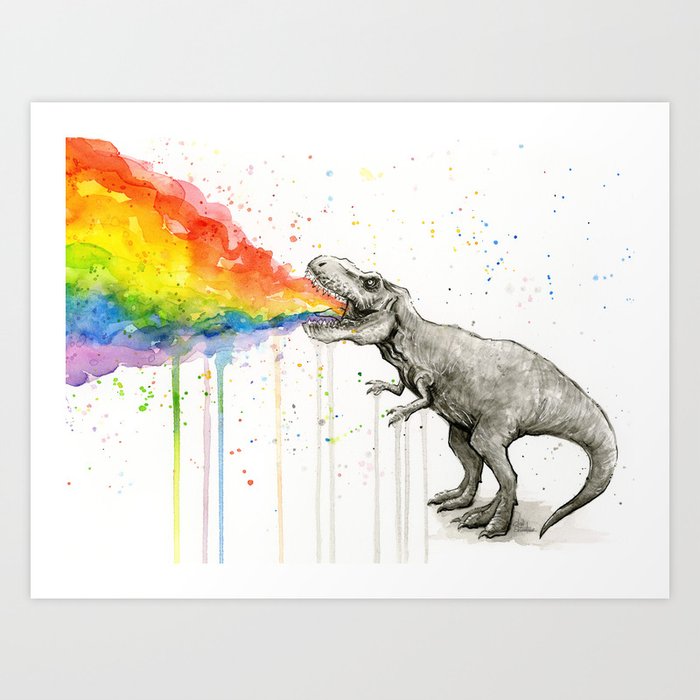 T-Rex Dinosaur Vomits Rainbow Art Print