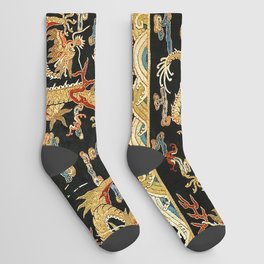 Dragon Chinese Silk Pattern Print Socks | Carpet, Vintage, Tribal, Silk, Antique, Rug, Geometric, Traditional, Limited, Pattern 