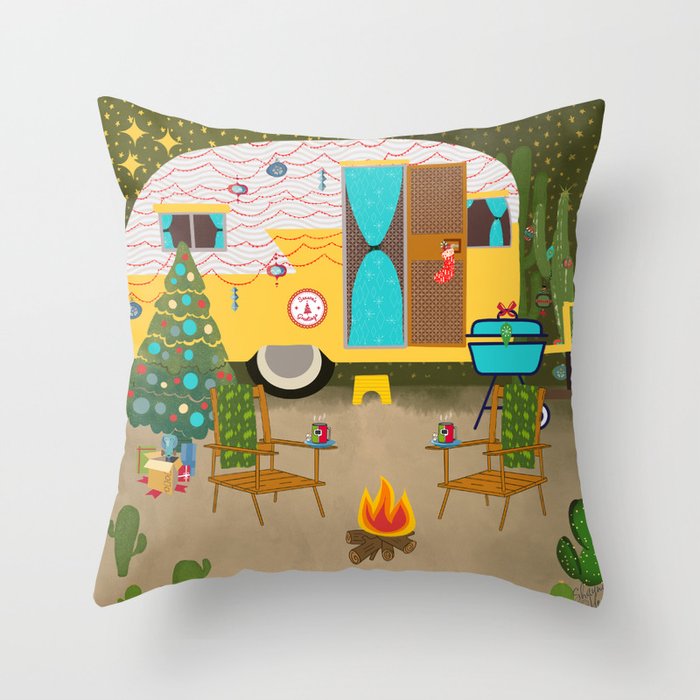 Desert Christmas MidCentury Vintage Trailer Throw Pillow