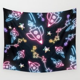 Neon Star and Spaceship Doodle Wall Tapestry